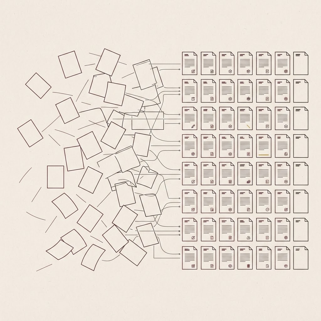 A scattered stack of blank pages resolving into an ordered grid of labeled document tiles