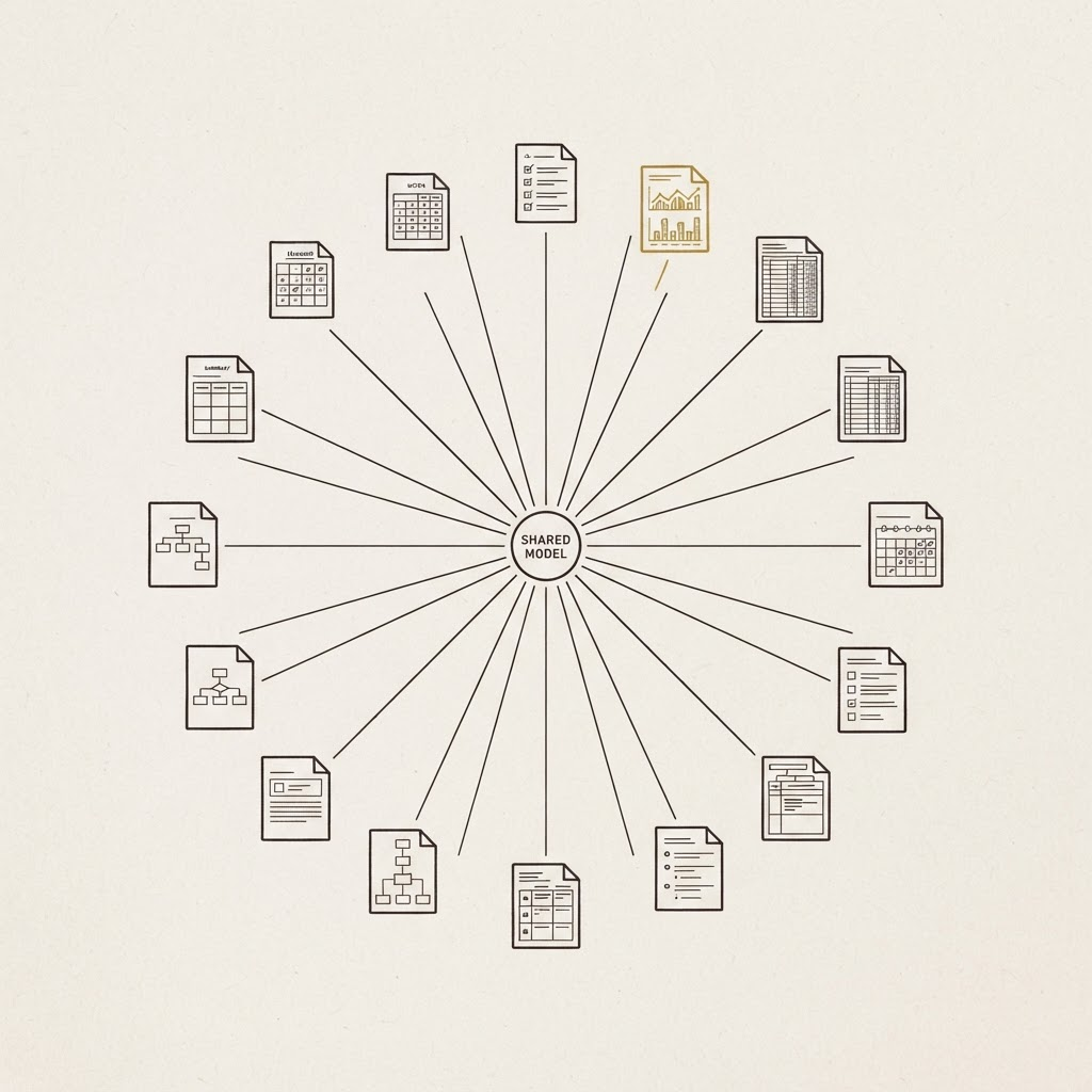 A single hub with lines radiating to distinct document icons, showing one model viewed many ways