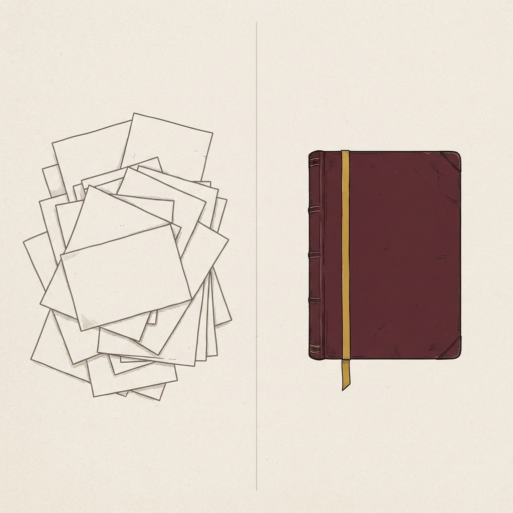 A loose scattered stack of blank pages beside a single calm closed ledger book